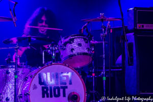 Frankie Banali of Quiet Riot live on drums at Kanza Hall in Overland Park, Kansas on December 10, 2016, Kansas City concert photography.