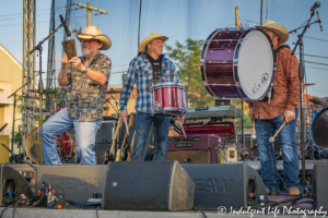 Ricochet drumline with Heath Wright on snare drum, Shane Mullins on bass drum and Larry Hight on cowbell at Festival on the Trails in Gardner, KS on June 9, 2018.