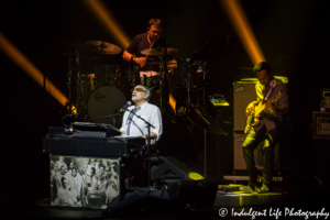 Steely Dan frontman Donald Fagen performing live with drummer Keith Carlock and bass player Freddie Washington at Starlight Theatre in Kansas City, MO on June 18, 2018.