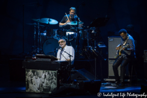 Frontman Donald Fagen and Steely Dan band members Keith Carlock on drums and Freddie Washington on bass guitar at Starlight Theatre in Kansas City, MO on June 18, 2018.