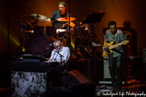 Steely Dan lead singer Donald Fagen with drummer Keith Carlock and bass player Freddie Washington live at Starlight Theatre in Kansas City, MO on June 18, 2018.