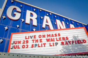 Granada Theater marquee in Lawrence, KS featuring The Wailers performing at the Live on Mass event on June 29, 2018.