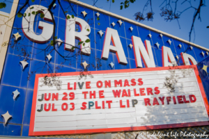 Granada Theater marquee featuring The Wailers at the Live on Mass event in downtown Lawrence, KS on June 29, 2018.