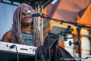 Keyboard player Edward Turner of Ras Neville & The Kingstonians performing at the Live on Mass event in downtown Lawrence, KS on June 29, 2018.