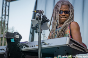 Keyboardist Edward Turner of Ras Neville & The Kingstonians performing Live on Mass in Lawrence, KS on June 29, 2018.