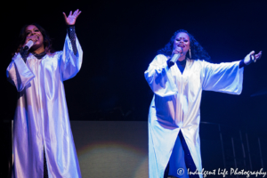 Kandi Burruss and Tamika Scott of Xscape performing together at Sprint Center in Kansas City, MO on July 5, 2018.