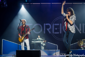 Foreigner founder and guitarist Mick Jones performing live with lead vocalist Kelly Hansen and keyboardist Michael Bluestein at Starlight Theatre in Kansas City, MO on July 17, 2018.