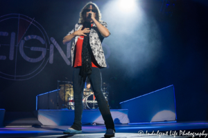 Foreigner lead singer Kelly Hansen with drummer Chris Frazier live in concert at Starlight Theatre in Kansas City, MO on July 17, 2018.