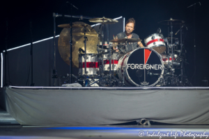 Foreigner drummer Chris Frazier live in concert at Starlight Theatre in Kansas City, MO on July 17, 2018.