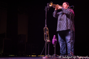 Tower of Power trumpet player Adolfo Acosta performing at Ameristar Casino Hotel Kansas City on August 25, 2018.