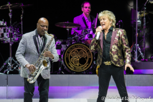 Rod Stewart performing live with saxophone player Jimmy Roberts and Kansas City's own drummer Matt O'Connor at Sprint Center in downtown KC on October 16, 2018.