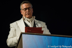 Host Bruce Campbell asking pop culture questions in the Last Fan Standing trivia show at Liberty Hall in Lawrence, KS on November 15, 2018.