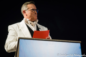 Horror and sci-fi movie star Bruce Campbell hosting the Last Fan Standing trivia show at Liberty Hall in Lawrence, KS on November 15, 2018.