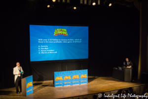 Host Bruce Campbell asking audience questions in order to select Round 2 contestants of Last Fan Standing at Liberty Hall in Lawrence, KS on November 15, 2018.