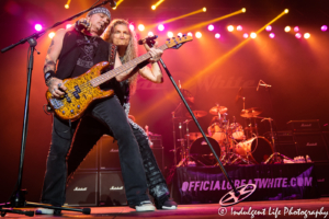 Great White bass guitarist Scott Snyder performing with frontman Mitch Malloy and drummer Audie Desbrow at Ameristar Casino's Star Pavilion in Kansas City, MO on May 24, 2019.