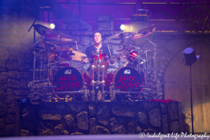 Drummer Glen Sobel of Alice Cooper's band performing live in concert during the summer tour stop at Kansas City's Starlight Theatre on July 26, 2019.