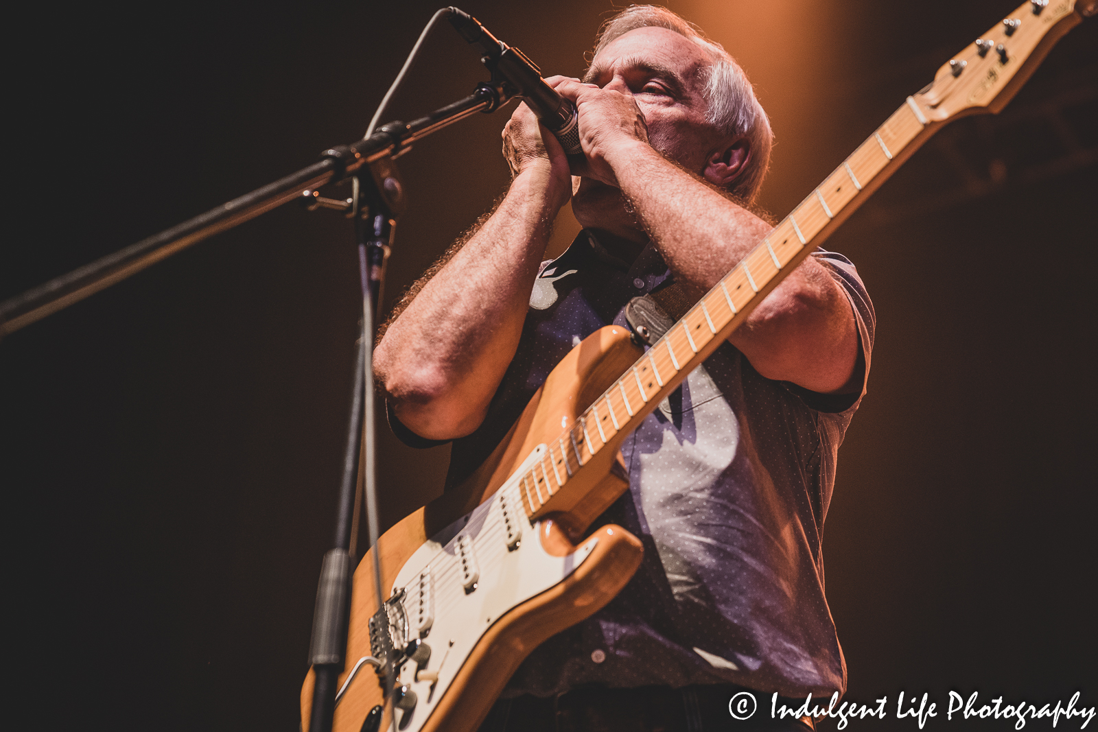 The Ozark Mountain Daredevils guitarist and singer Nick Sibley playing the harmonica live at Star Pavilion inside of Ameristar Casino in Kansas City, MO on August 21, 2021.