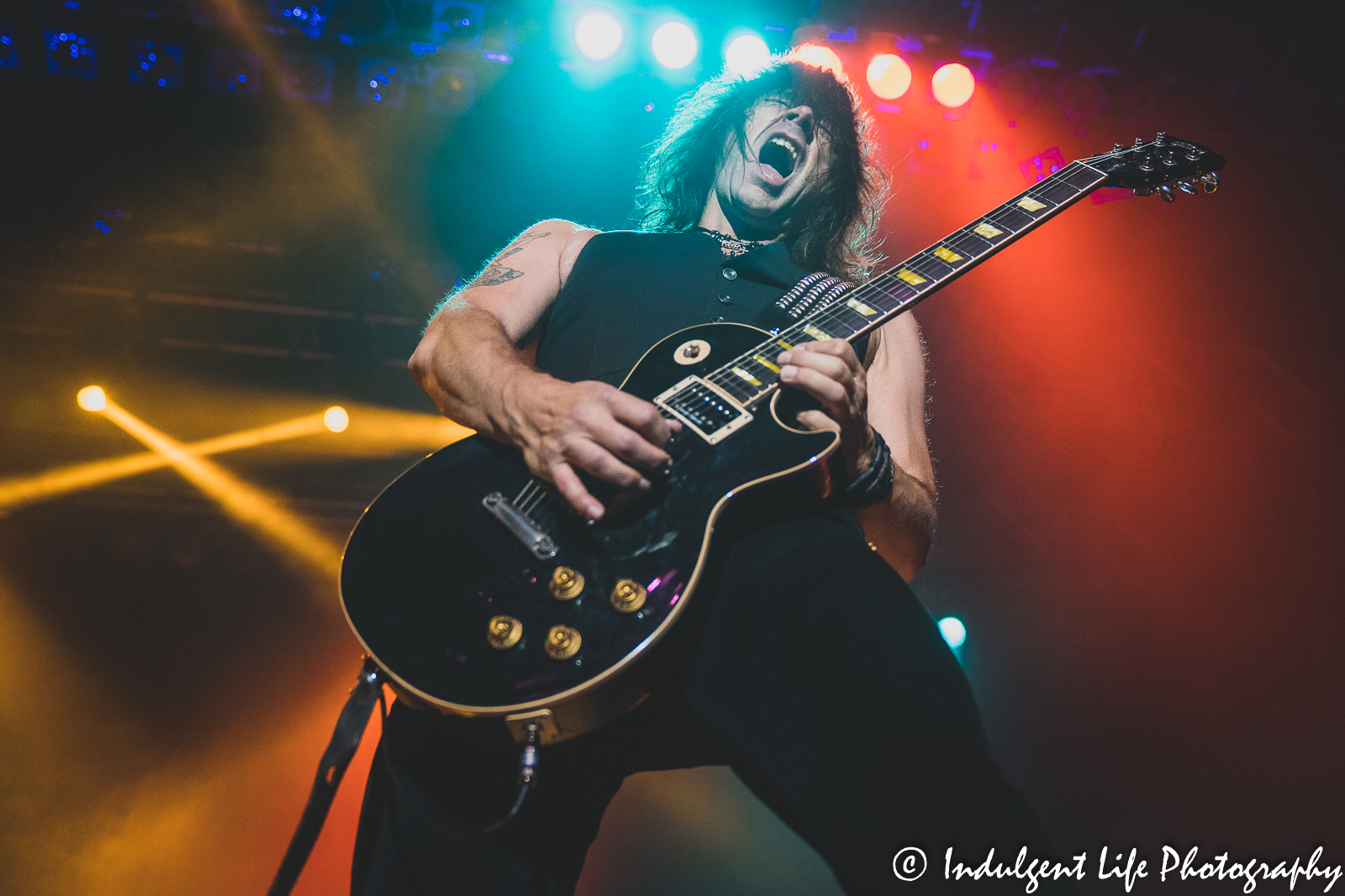 Lead guitar player Scott Griffin of Riley's L.A. Guns shredding his instrument live at Star Pavilion inside of Ameristar Casino in Kansas City, MO on October 1, 2021.