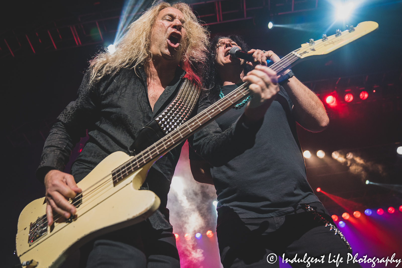 Slaughter band members Mark Slaughter and Dana Strum playing live together at Ameristar Casino's Star Pavilion in Kansas City, MO on October 1, 2021.