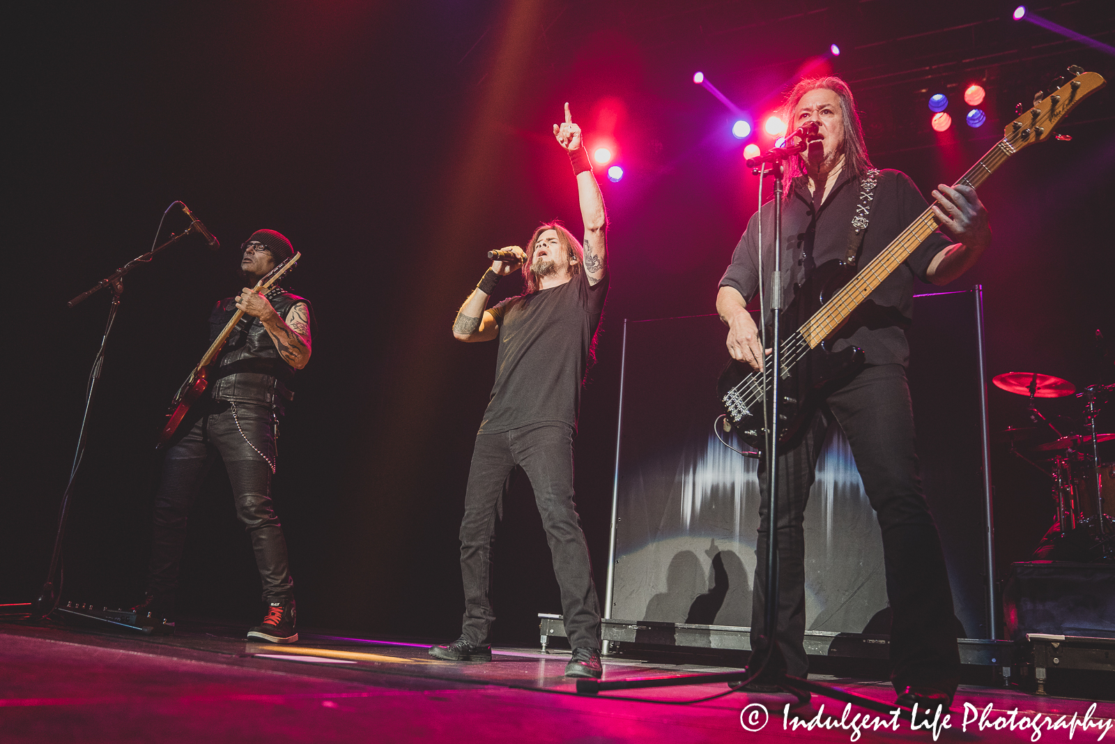 Queensryche members Eddie Jackson, Todd La Torre and Mike Stone in concert together live at Ameristar Casino's Star Pavilion in Kansas City, MO on November 12, 2021.