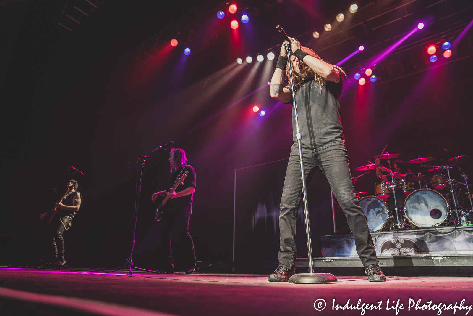 Queensryche members Todd La Torre, Eddie Jackson, Mike Stone and Casey Grillo live in concert at Ameristar Casino Hotel Kansas City on November 12, 2021.