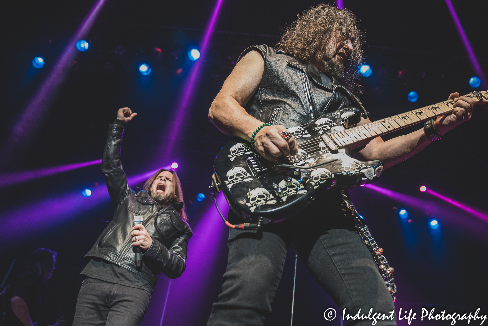 Guitarist Michael Wilton and lead singer Todd La Torre of Queensryche live in concert together at Ameristar Casino Hotel Kansas City on November 12, 2021.