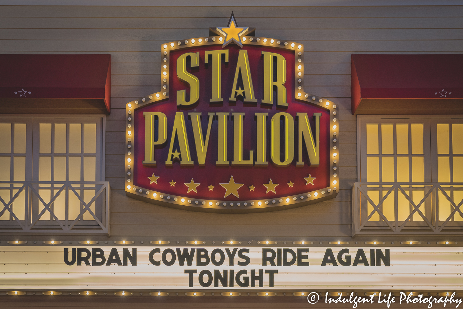 Star Pavilion marquee at Ameristar Casino in Kansas City, MO featuring Mickey Gilly and Johnny Lee in their "Urban Cowboy" reunion show on November 13, 2021.