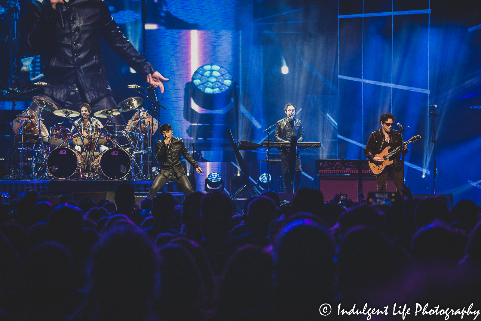 Journey band members Deen Castronovo, Arnel Pineda, Jason Derlatka and Neil Schon performing at T-Mobile Center in downtown Kansas City, MO on March 16, 2022.