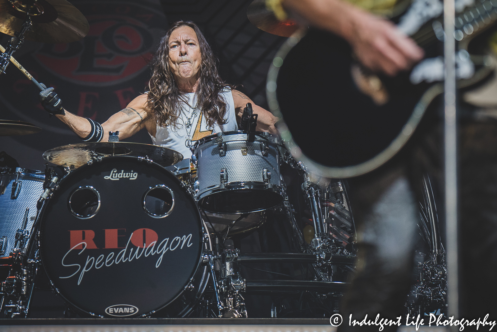 Drummer Bryan Hitt of REO Speedwagon performing live at Starlight Theatre in Kansas City, MO on June 14, 2022.