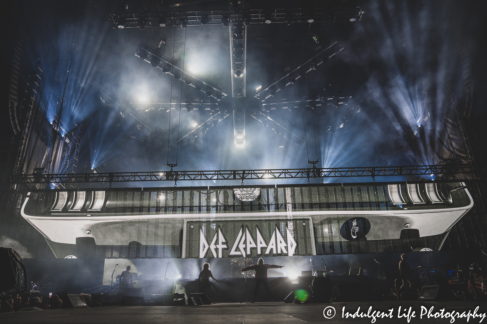 Def Leppard opening its set as the band headlined the stadium tour stop at Kauffman Stadium in Kansas City, MO on July 19, 2022.