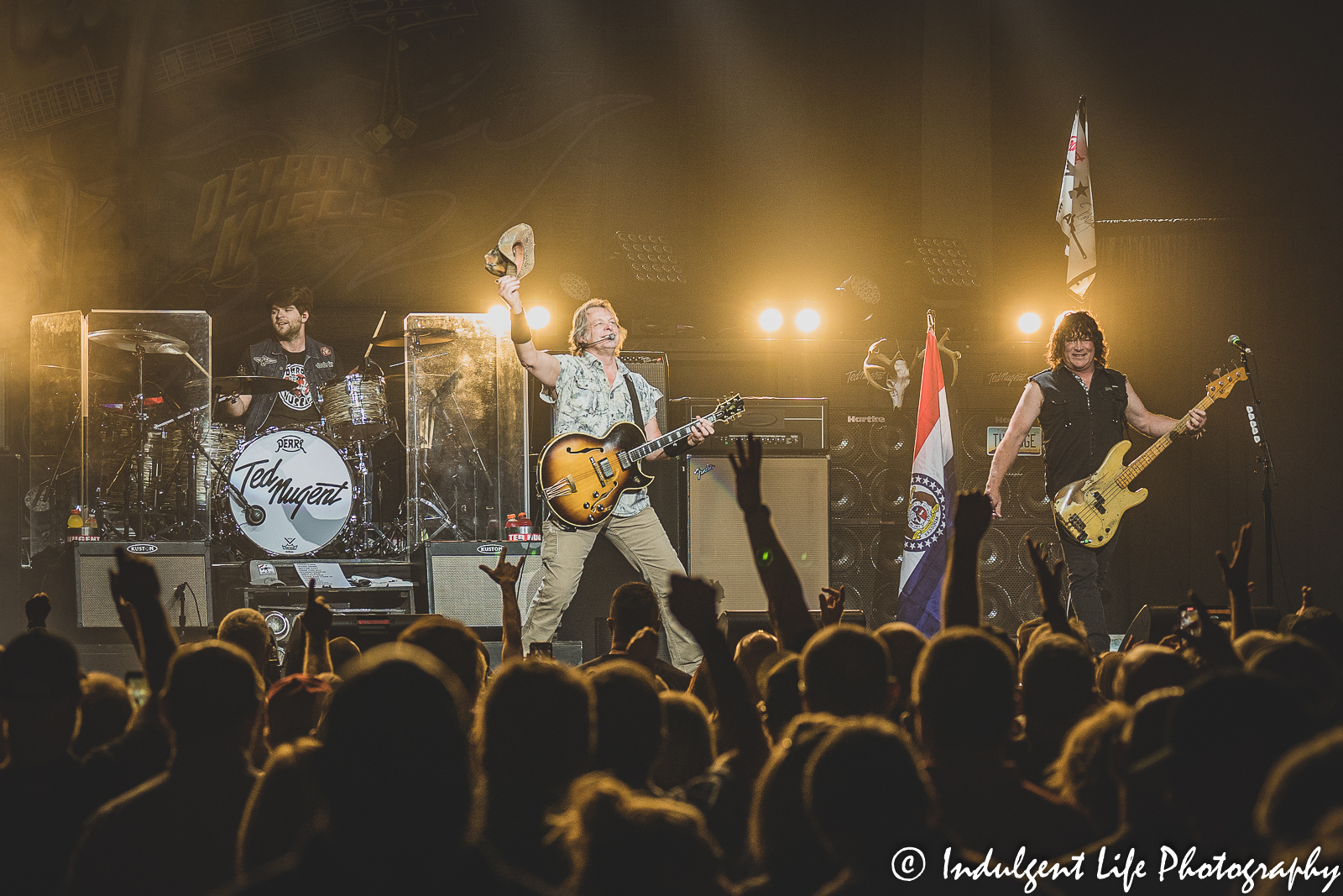 Ted Nugent performing with band members Greg Smith on bass and Jason Hartless on drums at Ameristar Casino in Kansas City, MO on August 6, 2022.