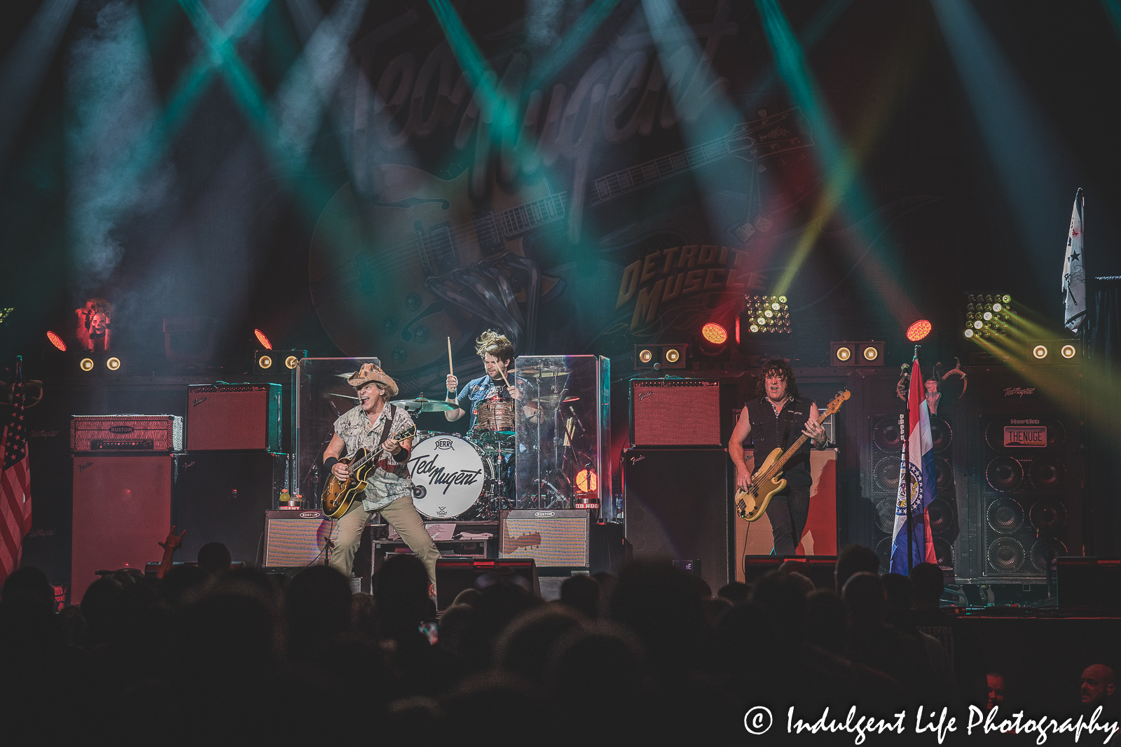 Ted Nugent playing "Paralyzed" with bass guitarist Greg Smith and drummer Jason Hartless at Ameristar Casino in Kansas City, MO on August 6, 2022.