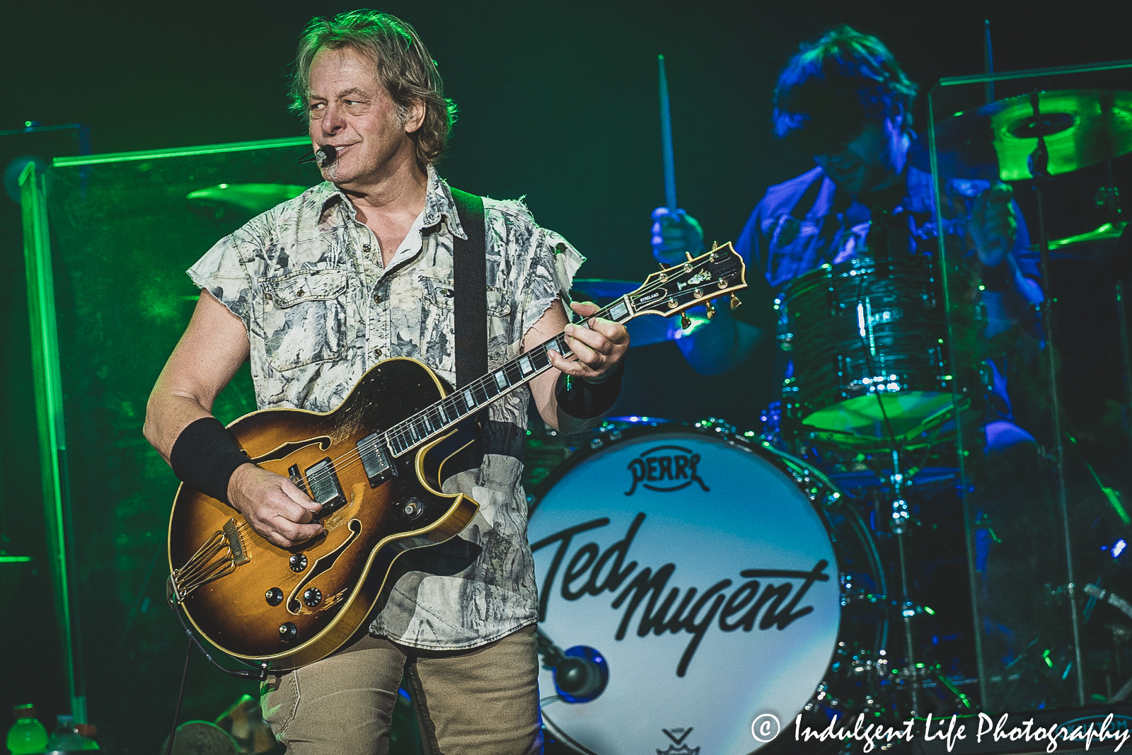 Ted Nugent and drummer Jason Hartless playing "The Star-Spangled Banner" at Ameristar Casino in Kansas City, MO on August 6, 2022.