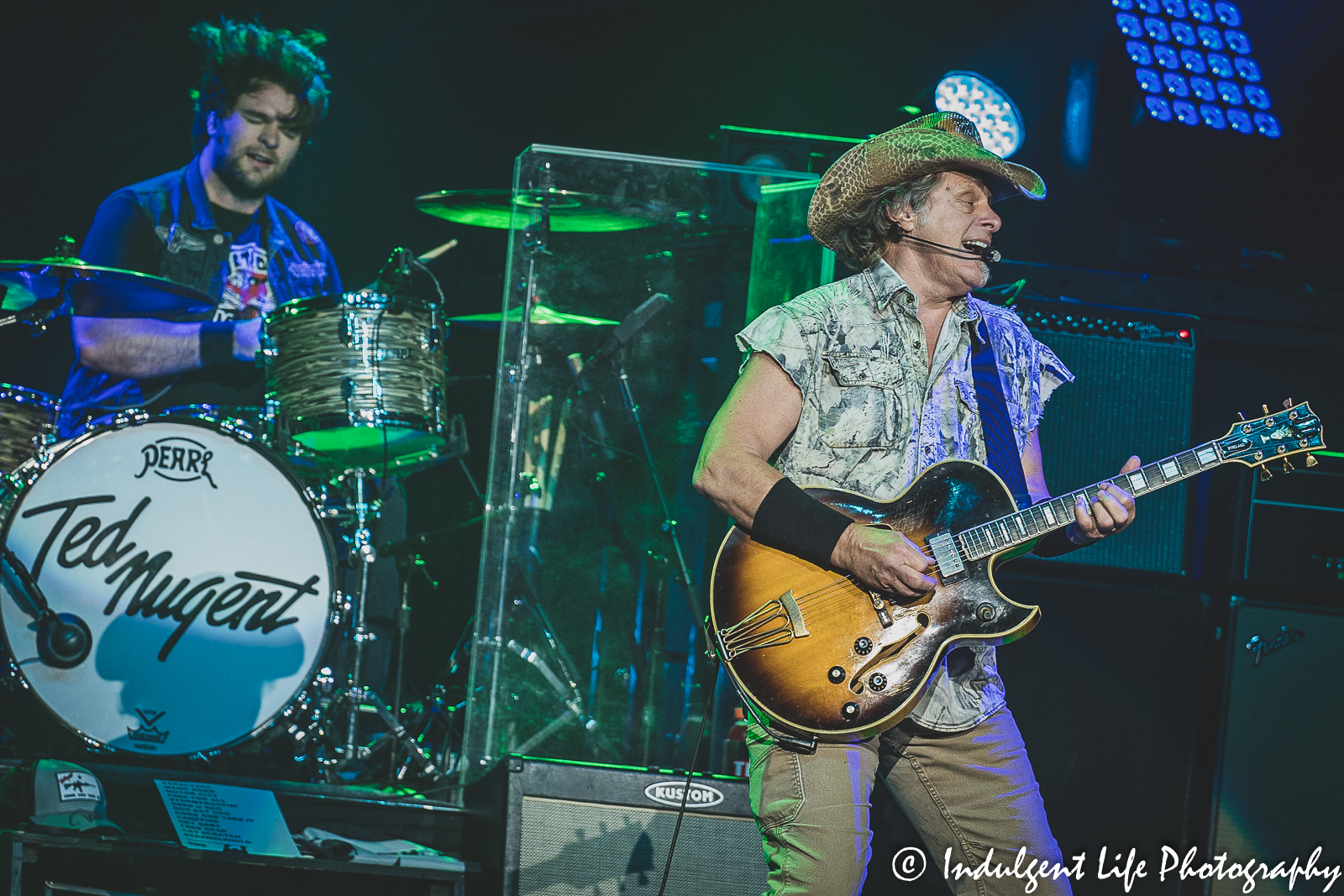 Ted Nugent playing "Gonzo" with drummer Jason Hartless at Star Pavilion inside of Ameristar Casino in Kansas City, MO on August 6, 2022.