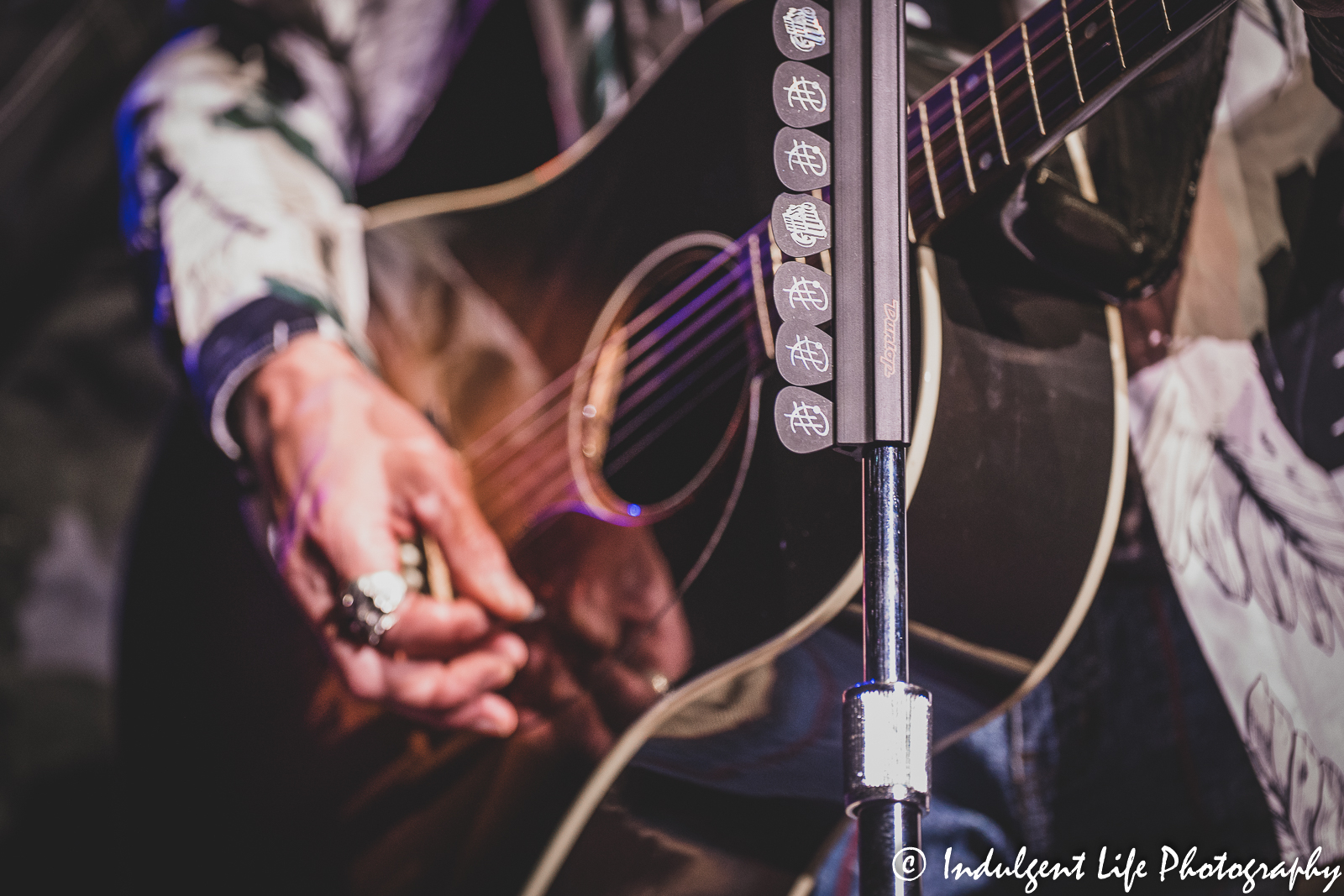 Acoustic guitar of The Guess Who frontman Derek Sharp as he performed live at Ameristar Casino's Star Pavilion in Kansas City, MO on September 9, 2022.