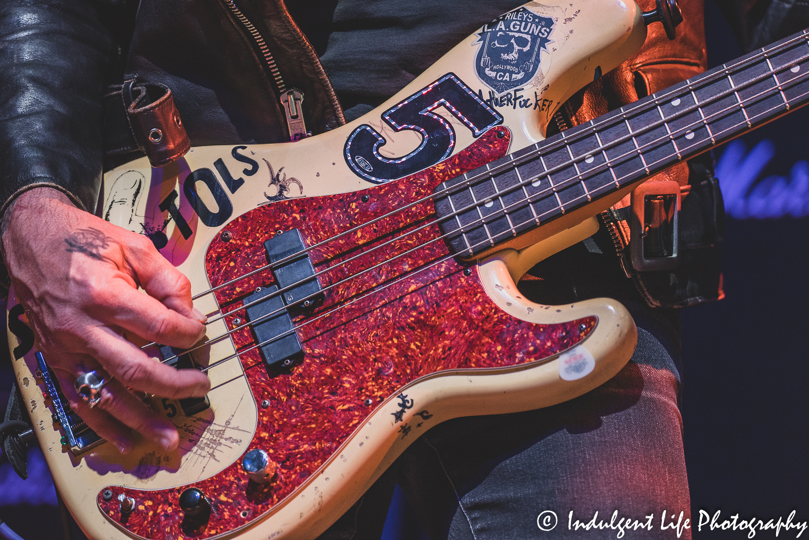 Guitar of Riley's L.A. Guns bass player Kelly Nickels as he plays live at Ameristar Casino Hotel Kansas City on October 8, 2022.