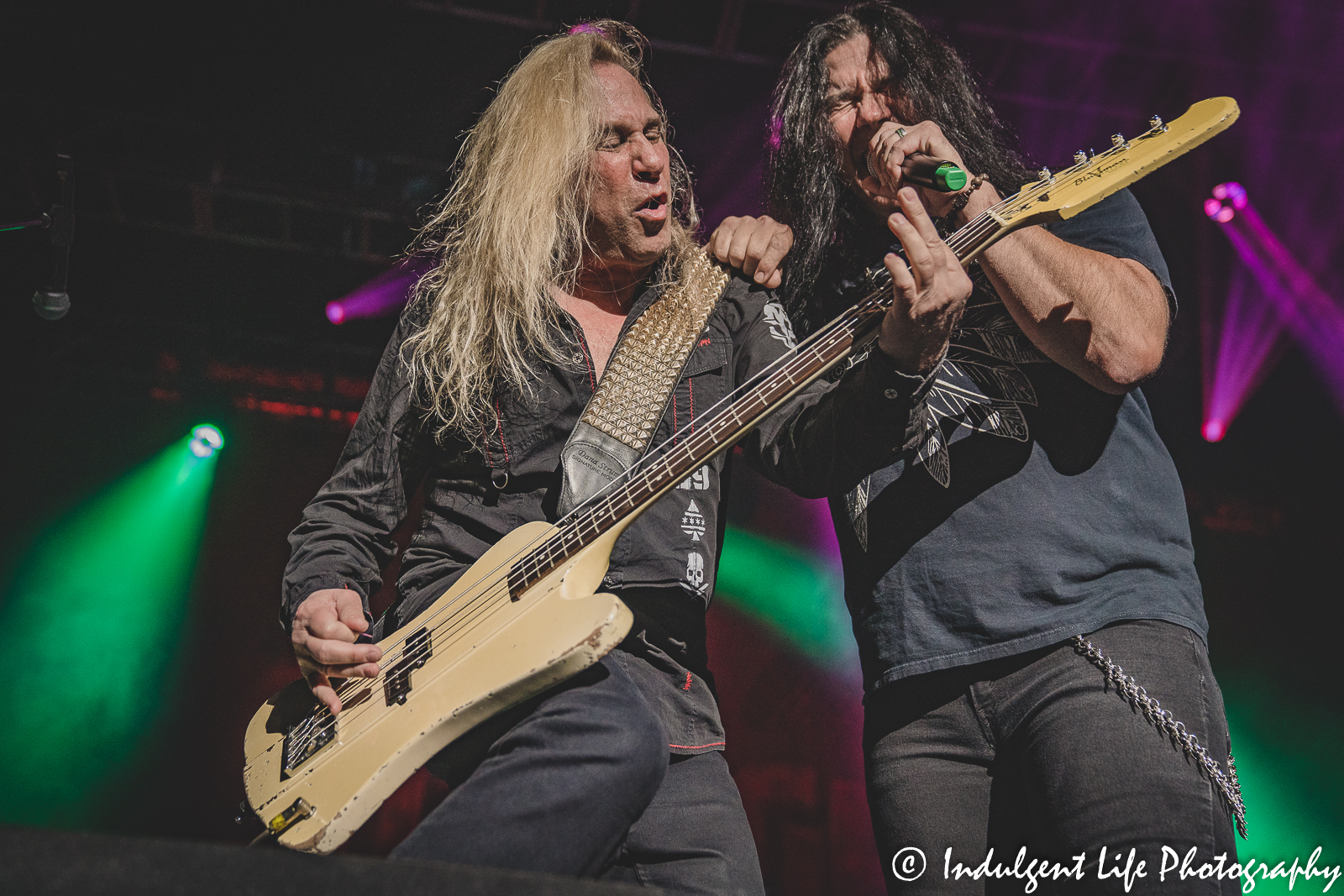 Slaughter band members Mark Slaughter and Dana Strum live in concert together at Star Pavilion inside of Ameristar Casino in Kansas City, MO on October 8, 2022.