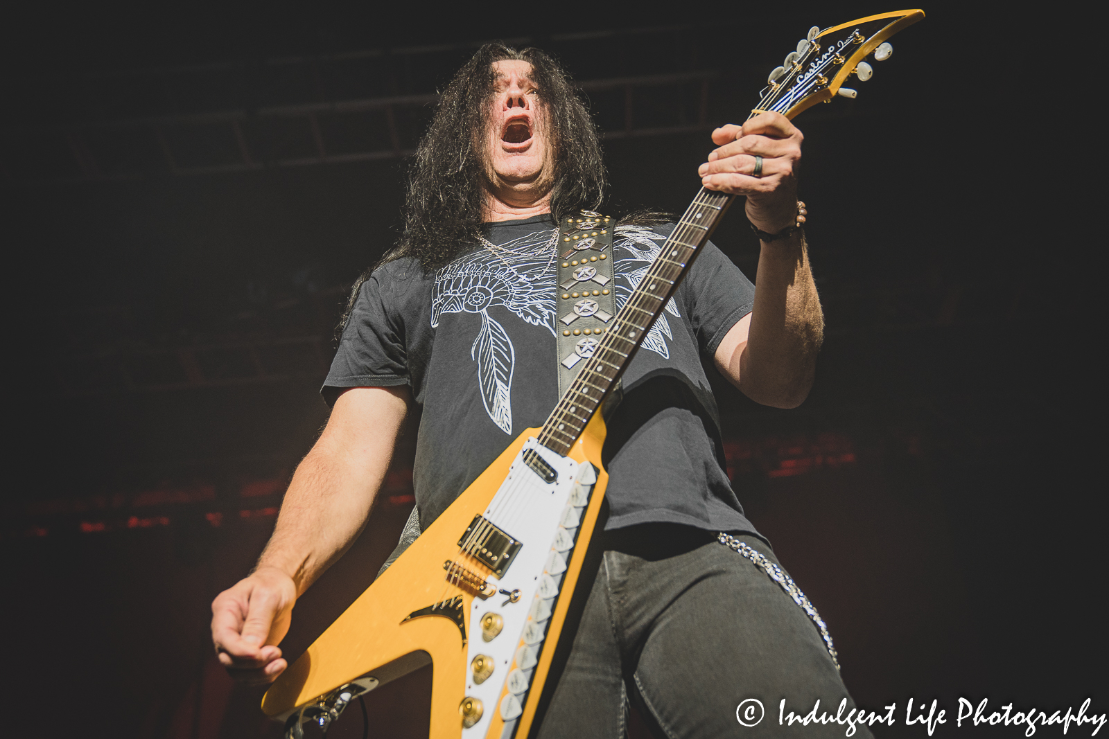 Lead singer and rhythm guitarist Mark Slaughter performing live with his band at Ameristar Casino's Star Pavilion in North Kansas City, MO on October 8, 2022.