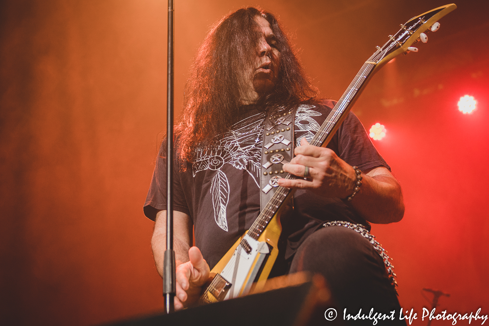 Lead singer Mark Slaughter playing the guitar while in concert with his band Ameristar Casino in Kansas City, MO on October 8, 2022.