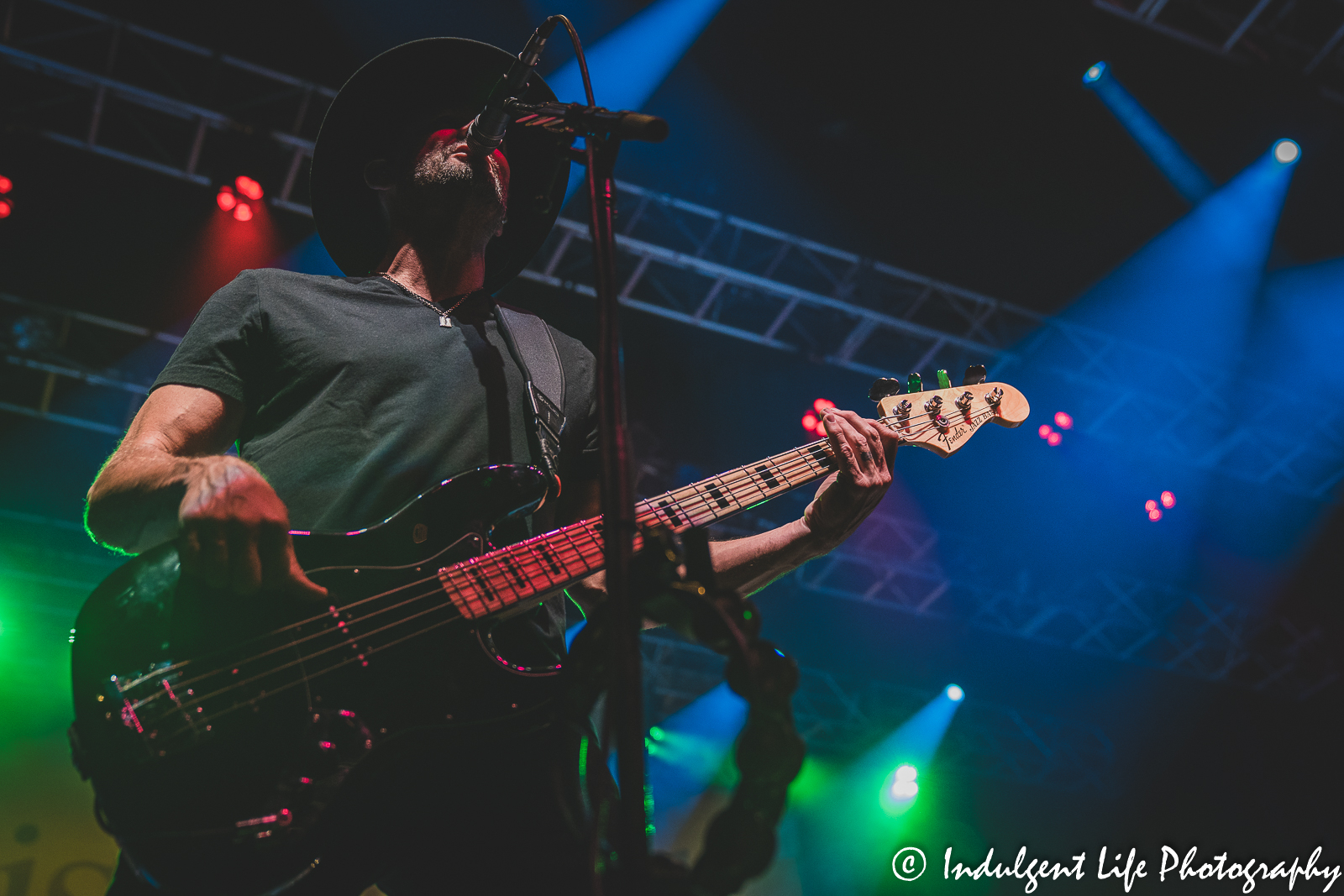 Bass guitar player Jett Beres of Sister Hazel performing at Star Pavilion inside of Ameristar Casino in Kansas City, MO on October 21, 2022.