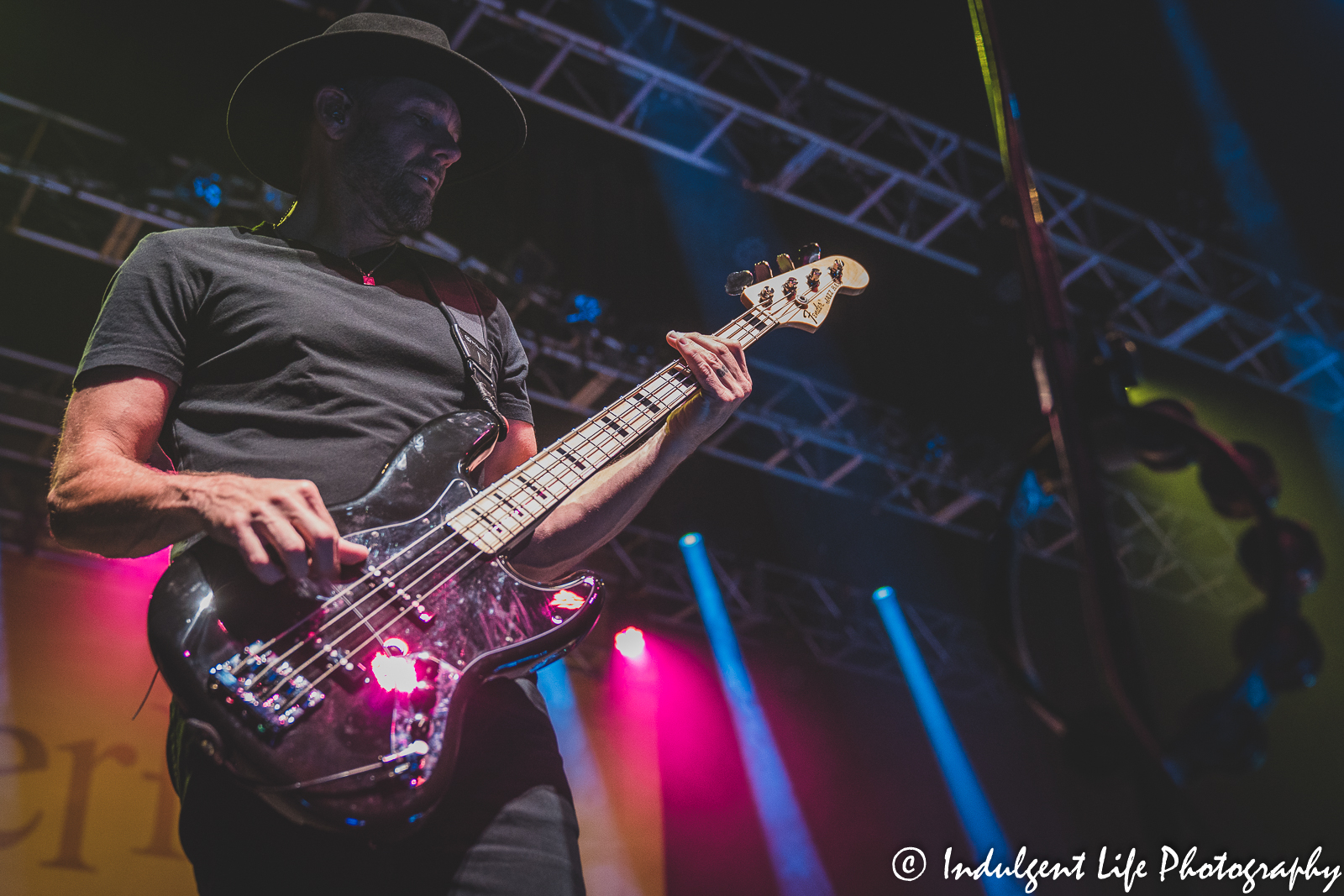 Bass guitarist Jett Beres of Sister Hazel live in concert at Ameristar Casino's Star Pavilion in Kansas City, MO on October 21, 2022.