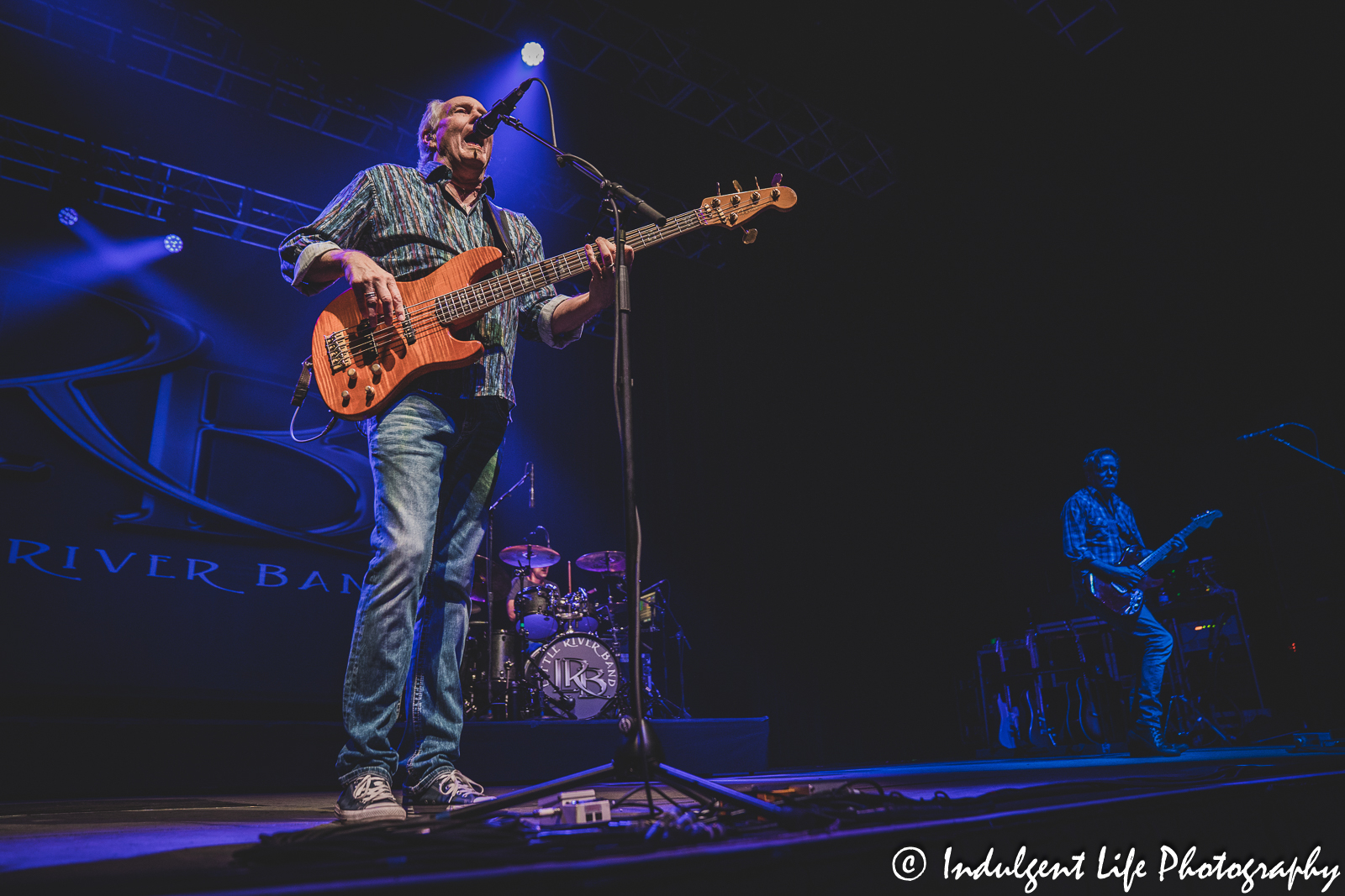 LRB lead singer and bass player Wayne Nelson performing with guitarist Bruce Wallace and drummer Ryan Ricks at Ameristar Casino in Kansas City, MO on March 25, 2023.