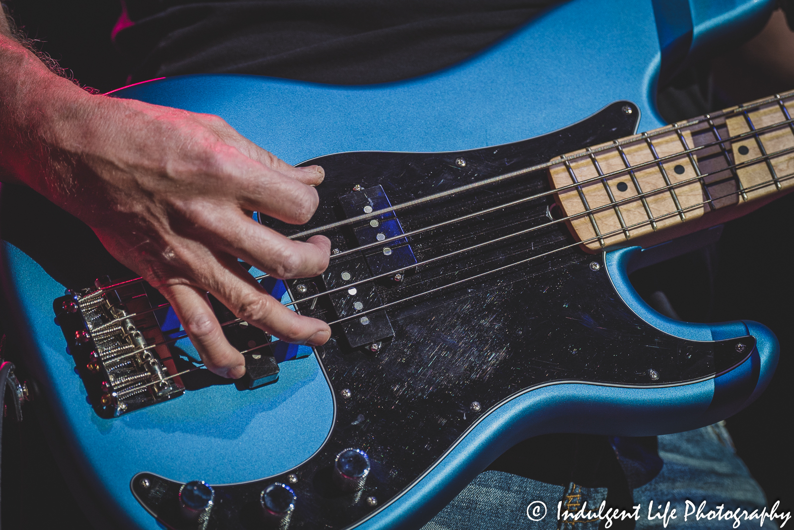 Bass guitar of Shooting Star frontman Todd Pettygrove as he performs live at Ameristar Casino in Kansas City, MO on March 18, 2023.