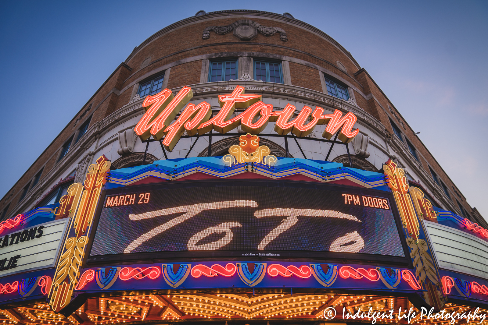 Uptown Theater marquee in Kansas City, MO featuring rock band Toto live in concert on March 29, 2023,