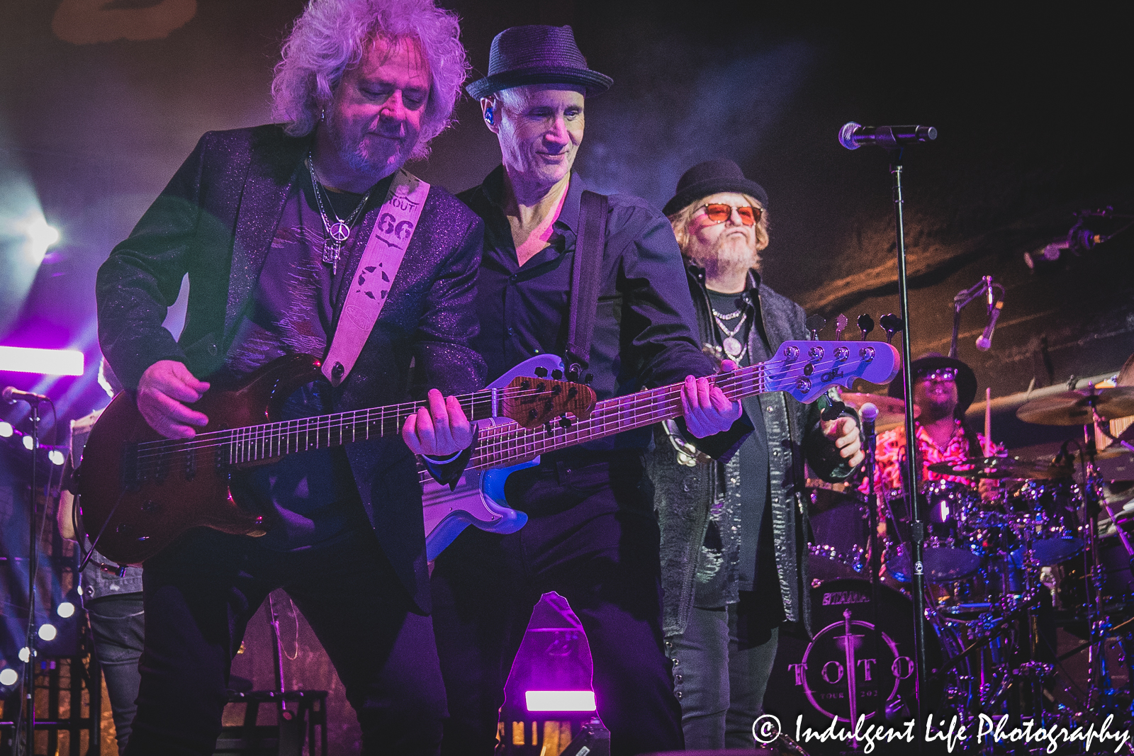 Toto guitarist Steve Lukather, bass player John Price, frontman Joseph Williams and drummer Robert “Sput” Searight performing at Uptown Theater in Kansas City, MO on March 29, 2023.