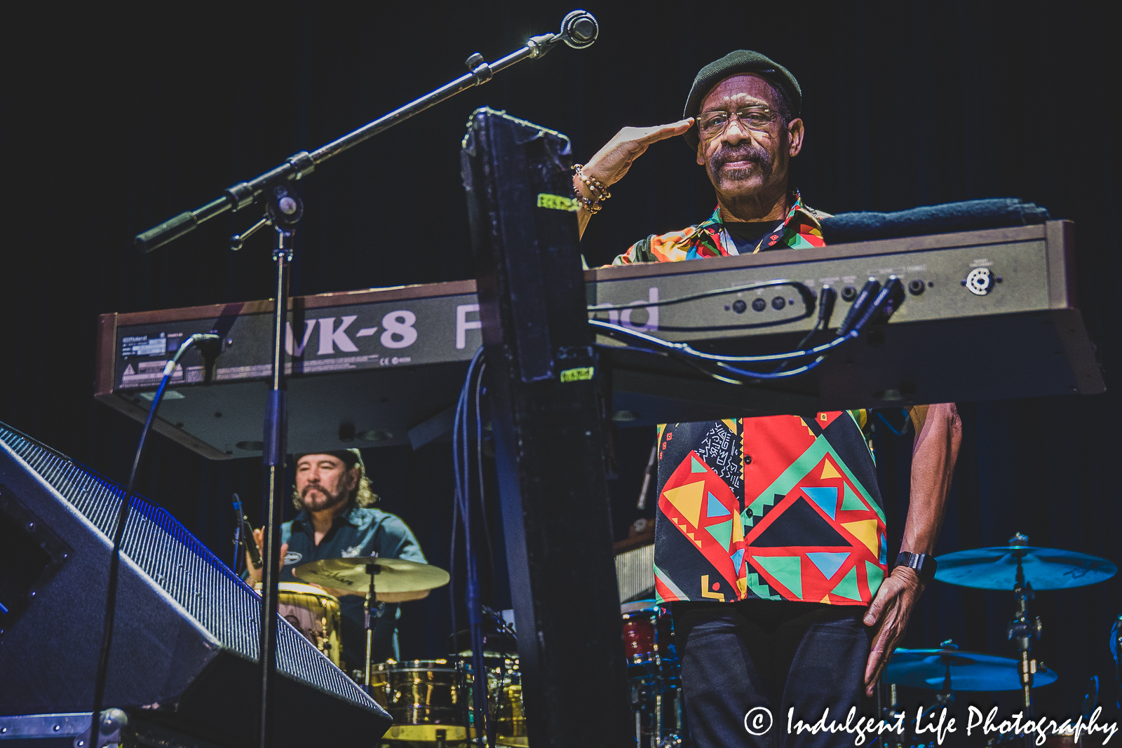 Founding member and keyboard player Leroy "Lonnie" Jordan saluting the crowd before his band WAR performed live at Ameristar Casino in Kansas City, MO on March 11, 2023.