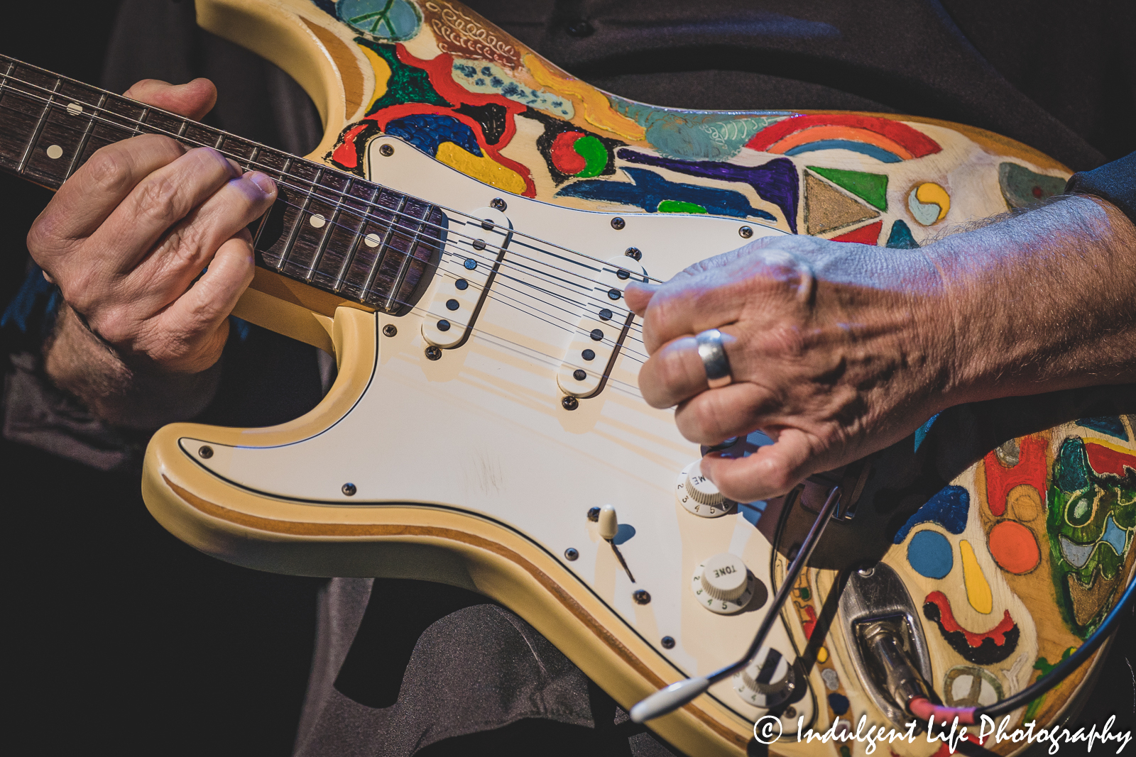 Electric guitar of WAR band member James Zota Baker as her performs live at Ameristar Casino's Star Pavilion in Kansas City, MO on March 11, 2023.