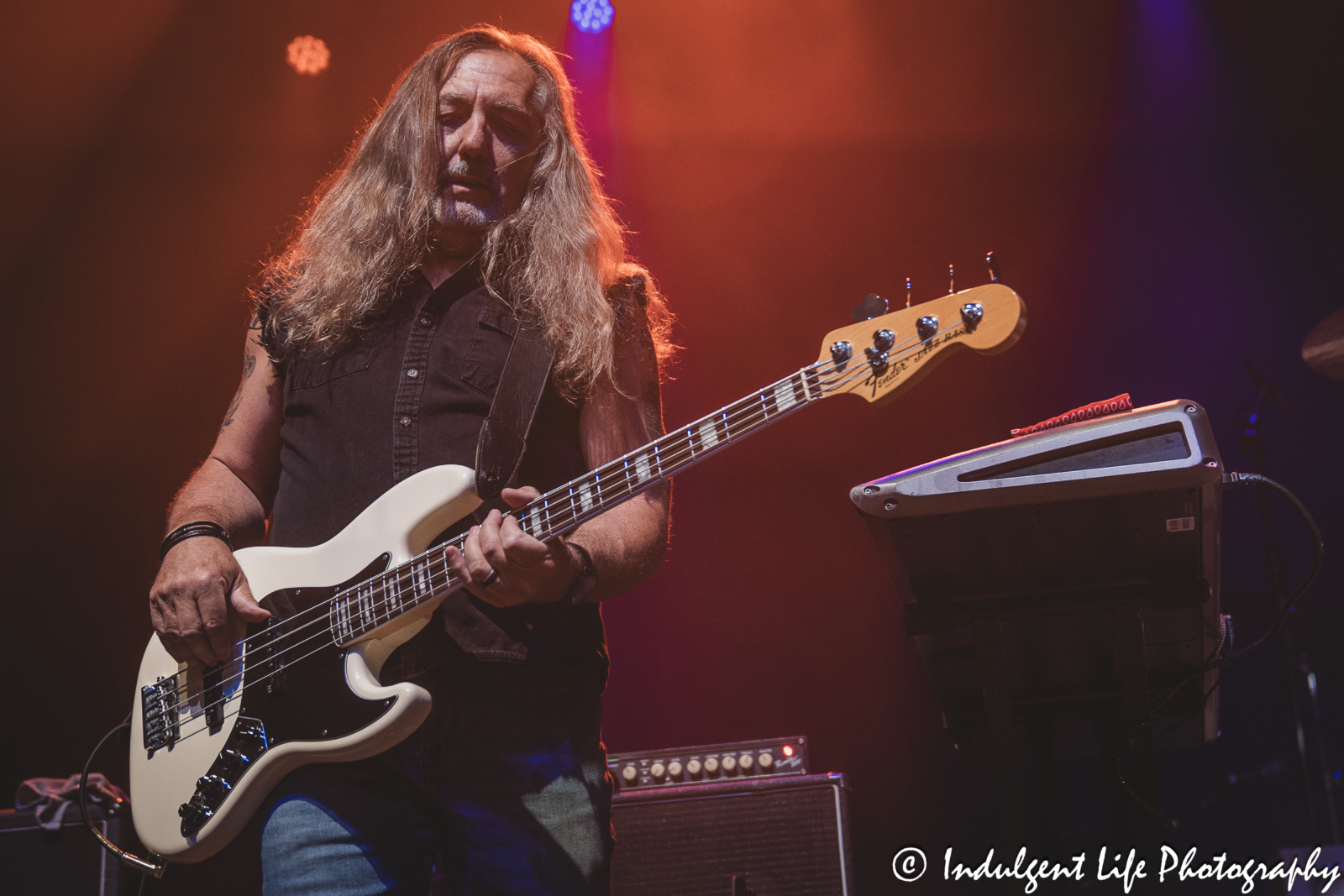 Bass guitarist Dean "Deano" Foltz of Missouri the band performing live at Star Pavilion inside of Ameristar Casino in Kansas City, MO on April 20, 2024.