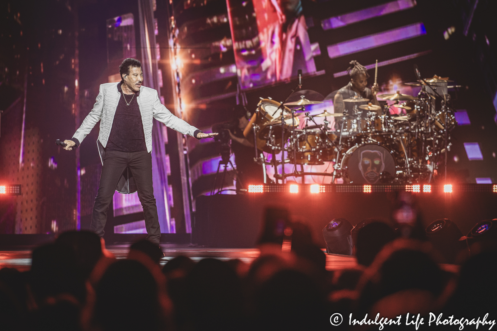 Lionel Richie and his drummer performing "Running With the Night" at T-Mobile Center in downtown Kansas City, MO on June 6, 2024.