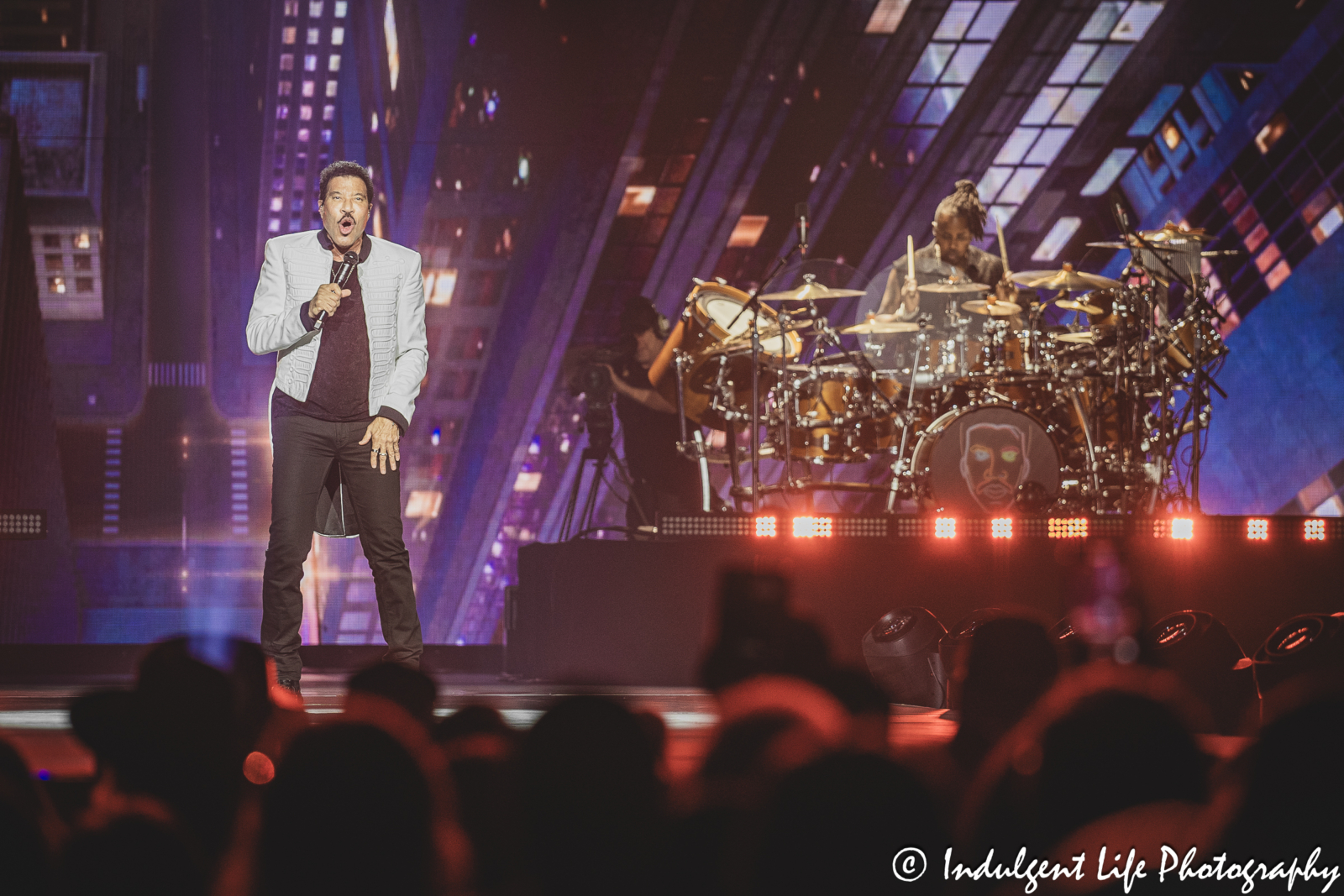 Lionel Richie and his drummer playing "Running With the Night" together at T-Mobile Center in downtown Kansas City, MO on June 6, 2024.